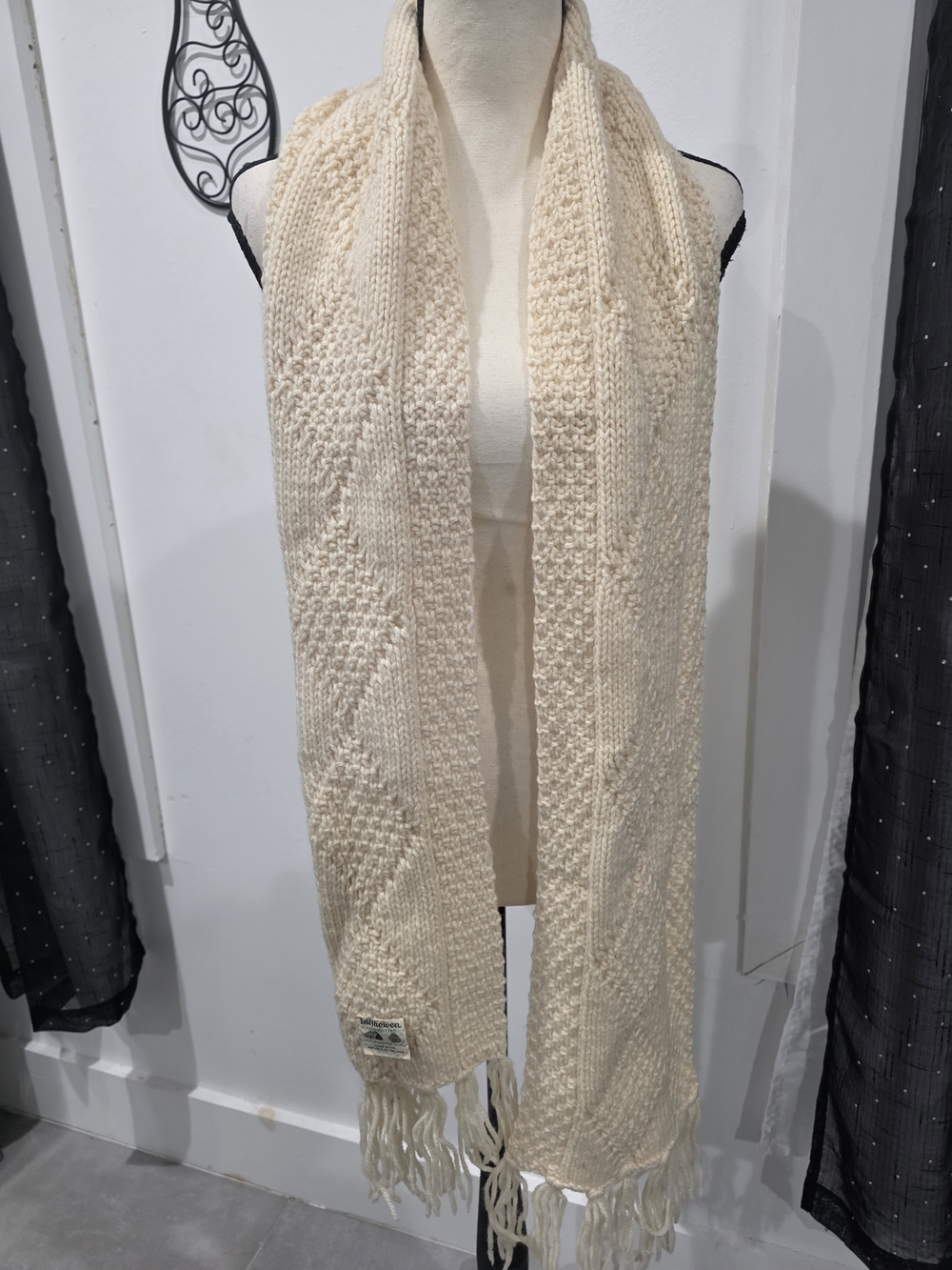 Cream Knit Fringe Scarf - Women Accessories.100%wool.